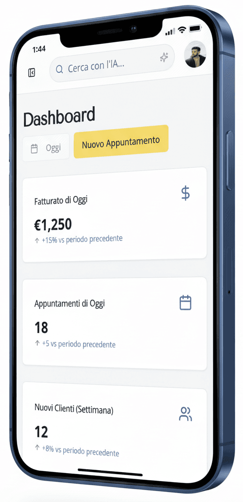 A person smiling while interacting with an application on a tablet.